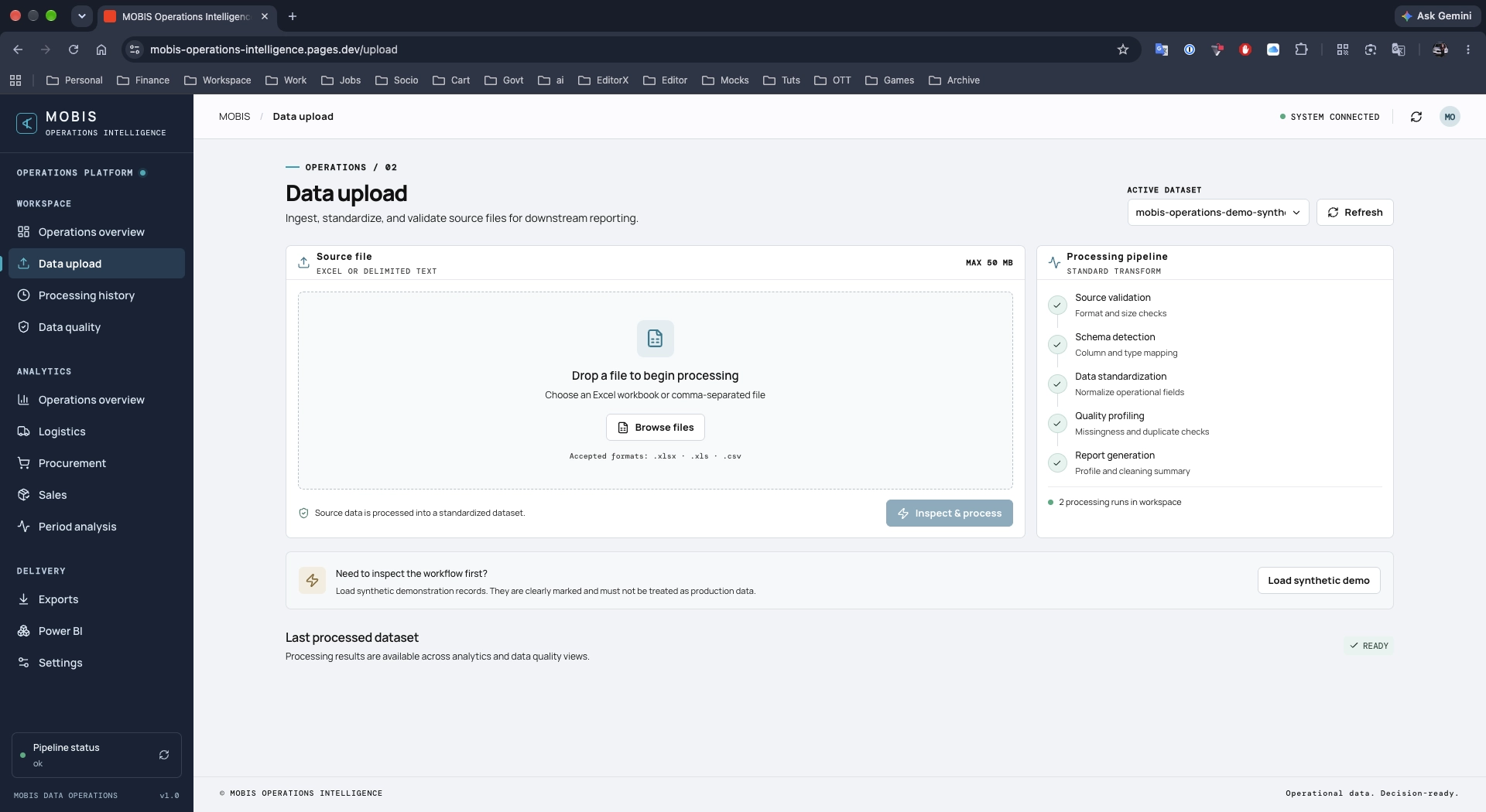 Hyundai Mobis Operations Intelligence Excel and CSV upload interface